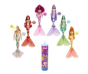 Barbie Color Reveal Poupée avec 7 Ã‰léments Mystère, Série Sirène Arc-en-Ciel, 4 Sachets Surprise, Modèle Aléatoire, Jouet pour Enfant, HCC46