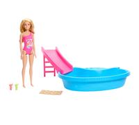 Barbie Doll and Pool Playset, Blonde in Tropical Pink One-Piece Swimsuit with Po