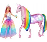 Barbie Dreamtopia GWM78 - Lumières magiques avec crinière arc-en-ciel, princesse + licorne rose, effets de lumière