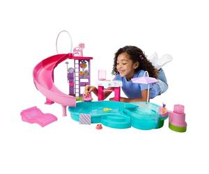 Barbie Ensemble de jeu piscine de rêve et accessoires à thème | Piscine avec 6 zones de jeu dont toboggan et jacuzzi à bulles, plus de 20 accessoires, dès 3 ans, JKG83