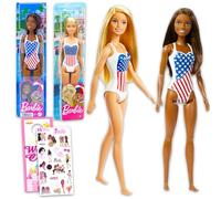 Barbie Ensemble de poupées pour enfants - Ensemble avec maillot de bain américain et divers autocollants Barbie Plus, plus | Ensemble de poupées de plage d'été pour filles, garçons
