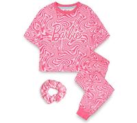 Barbie Ensemble de Pyjama Filles | Enfants ondulé Partout imprimé Rose à Manches Courtes Jambe Longue Graphique Pyjama Bundle avec Chouchou | Poupée Jouet vêtements Complet Assorti vêtements de Nuit