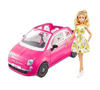Barbie et sa Fiat 500, Cofret véhicule 4 Places Rose et poupée avec Habillage et Accessoires, Cadeau pour Enfants de 3 à 7 Ans, HGV03