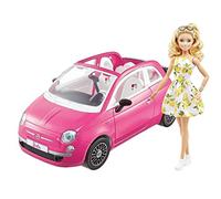 Barbie et sa Voiture Fiat 500 Rose, véhicule 4 Places décapotable avec poupée Incluse, Jouet pour Enfant, GXR57