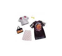 Barbie et ses amies ont fière allure dans ces tenues à la mode! L'ensemble comprend: 1 Chemise Oversize, 1 T-Shirt gris, 1 Jupe, 1