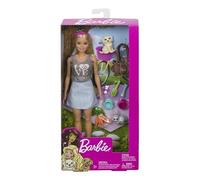 Barbie Famille Coffret poupée et Ses Animaux, avec Figurines Chiot, Lapin et Accessoires Inclus, Jouet pour Enfant, FPR48