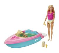 Barbie Bateau jouet GRG30 Transporte 3 poupées, gilet de sauvetage, chiot, 2 verres, poupée incluse