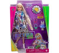 Barbie Extra Doll and Accessoires avec des cheveux blonds extra-longs portant une tenue florale et un poncho avec un lapin pour animaux de compag