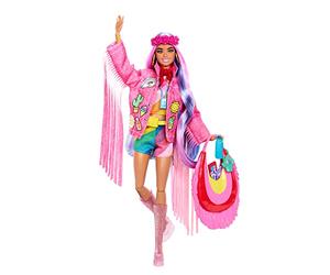 Barbie Extra Voyage Désert, Poupée Articulée avec Vêtements De Voyage, Comprend Une Veste À Franges Et Sac Oversize, Plus De15 Accessoires Inclus,Jouet pour Enfant de 3 Ans et Plus, HPB15