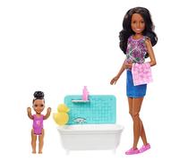 Barbie Famille Coffret Heure du Bain poupée Skipper Baby-Sitter Brune et Figurine d'enfant, Accessoires Inclus, Jouet pour Enfant, FXH06