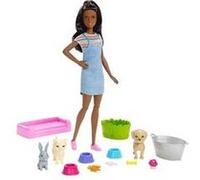 Barbie famille coffret le bain des animaux, poupée brune avec figurines chiot, chaton et lapin, accessoires, jouet pour enfant, fxh12 G