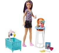 Barbie Famille coffret poupée Skipper baby-sitter aux cheveux lisses avec bébé blond et accessoires