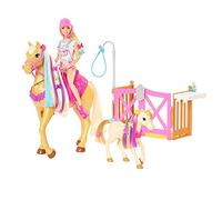 Barbie Famille Coffret Toilettage des Chevaux avec poupée Blonde, 2 Figurines Chevaux et Plus de 20 Accessoires, Jouet pour Enfant, GXV77