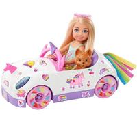 Barbie Voiture décapotable Chelsea mini-poupée – licorne blanche, chiot, autocollants et accessoires