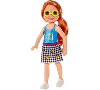 Barbie Famille mini-poupée Chelsea fille rousse, haut bleu et jupe vichy motifs smileys, jouet pour enfant, FXG81 Multicolore G