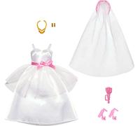 Barbie Fashion Pack - HJT37 - Ensemble Tenue de vêtements de Mariage pour poupée Barbie - Robe de mariée + Voile, des Bijoux en Or et Bouquet de Fleurs