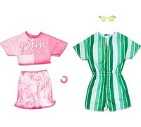Barbie Fashion Pack - HJT40 - Ensemble Tenues de vêtements pour poupée - Haut Court + Mini-Jupe Roses et Barboteuse Verte à Rayures