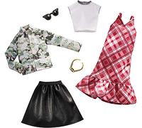 Barbie Fashionistas Kit vêtements, 2 Tenues pour poupée Dont Jupe Imitation Cuir, Robe, Tee-Shirt, Veste et Accessoires, Jouet pour Enfant, FXJ60 Multicolore