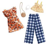Barbie Fashionistas Kit vêtements, 2 Tenues pour poupée Dont Pantalon à Carreaux, Robe, Top et accesssoires, Jouet pour Enfant, FXJ61 Multicolore