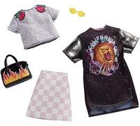 Barbie Fashionistas Kit vêtements, 2 Tenues Rétro Rock pour poupée Dont Jupe, Robe, Tee-Shirt et accesssoires, Jouet pour Enfant, FXJ59