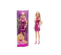 Barbie Barbie fashionistas Poupée atteinte de trisomie 21 avec cheveux blonds, portant une mini-robe rose métallique avec cœur ajouré, un bracelet blanc et des talons, HYT88