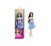 Barbie Barbie fashionistas Poupée atteinte de trisomie 21 avec cheveux violets, vêtue d’une robe sans bretelles en jean à imprimé papillons, d’une ceinture rose et de bottes, HYT89