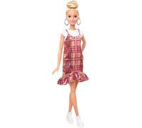 Barbie Fashionistas poupée Mannequin #142 au Chignon Haut et avec Une Robe écossaise Brillante Rose et dorée, Jouet pour Enfant, GHW56