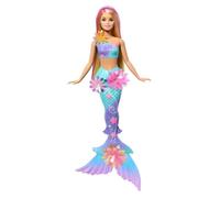 Barbie Poupée Barbie Sirène Fleur Magique blonde avec éclosion de fleurs surprise, queues en dégradé de couleurs, serre-tête perlé et longs cheveux blonds avec mèches roses