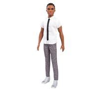Accessoire poupée Barbie Fashionistas poupée Mannequin Ken #10 Brun avec Chemise à Manches Courtes Blanche, Cravate, Pantalon Gris, Chaussures Blanches, Jouet pour Enfant,
