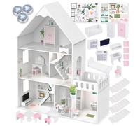Barbie Grande maison de poupée en bois de 118 cm - Kinderplay Maison de poupée à 3 étages pour enfants avec meubles, lumière LED, autocollants et accessoires - Maison de jeu moderne en bois Cadeau à