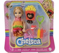 Barbie GRP69 You Can Be Anything Chelsea Poupée fille blonde avec tenue de hamburger Chien Frites Ketchup Moutarde en tube pour enfants
