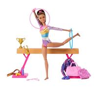 Barbie Gymnastique Coffret avec poupée blonde et accessoires, pince en C pour les mouvements de bascule, poutre d’équilibre, combinaison d’échauffement et bien plus encore, HRG53