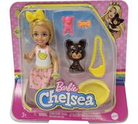 Barbie HGT11You Can Be Anything Chelsea Poupée fille blonde avec tenue banane petit chien petit singe sac os serre-tête pour enfants