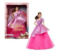 Barbie Joyeux Anniversaire Poupée à collectionner vêtue d’une robe rose satinée et aux cheveux bruns ondulés, dans un emballage cadeau