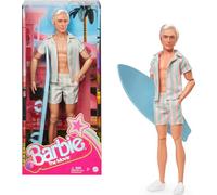 Barbie Ken du film Barbie Poupée avec ensemble de plage rayé rose et vert pastel, planche de surf et baskets blanches, JBJ54