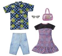 Barbie & Ken Fashions 2 vetements et accessoires de pack Set 1 robe a carreaux et sac a main pour Barbie Doll & 1 Smiley Face Shirt Shorts en jea