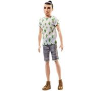 Barbie Fashionistas poupée Mannequin Ken #16 Brun avec t-Shirt à imprimé Cactus, Short Gris et Chaussures dorées, Jouet pour Enfant, FJF74 Gris