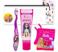 Barbie Kit de voyage pour soins bucco-dentaires pour enfants - Ensemble avec brosse à dents avec couvercle, dentifrice, paquet de fil dentaire, sac de voyage et plus pour filles, tout-petits |