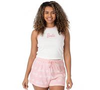 Barbie Ladies Short Pyjamas | Womens Doll Logo Ribbed White Vest with Pink Elasticated Shorts Clothing Sleepwear Merchandise