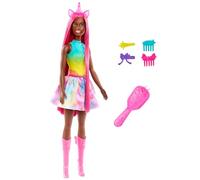 Barbie Licorne avec cheveux fantaisie magenta de 18 cm de long et accessoires colorés pour s’amuser à coiffer, un serre-tête et une queue de licorne, HRR01