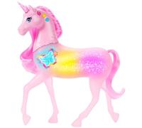 Barbie Licorne Sons et Lumières avec 20 combinaisons interactives de lumières, sons et musique, effets activés en appuyant sur des boutons et en caressant la tête, JCP78