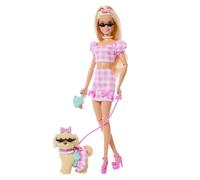 Barbie Poupée JFP36 – robe vichy, chien assorti rose, lunettes, colliers, nœuds – blonde