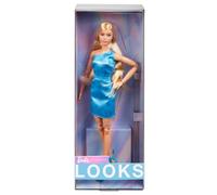 Barbie Looks - Bambola da collezione n. 23, Barbie con capelli biondo cenere e look moderno anni 2000, abito blu monospalla e tacchi con laccetti, giocattolo per bambini, 6+ anni, HRM15