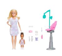 Barbie Métier Coffret dentiste avec Barbie poupée blonde vêtue d’une blouse blanche, d’une petite poupée, d’un fauteuil d’examen et d’accessoires, JMK14