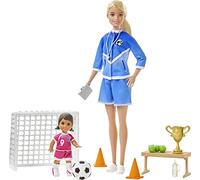 Barbie Métiers Coffret poupée Coach de Football Blonde avec 2 Figurines d'enfant et Accessoires, Jouet pour Enfant, GLM47, Multicolore