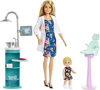 Barbie Métiers Coffret poupée Dentiste Blonde et sa Mini-poupée patiente Blonde, lavabo, Fauteuil et Accessoires, Jouet pour Enfant, FXP16, Multicolore