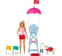 Barbie Métiers Coffret poupée Sauveteuse Blonde en Maillot de Bain avec Chaise de maître-Nageur, Figurine de Chien et Accessoires, Jouet pour Enfant, GTX69