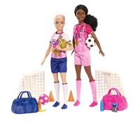 Barbie Métiers Footballeuses Coffret 2 poupées et 15 Accessoires, avec poupées Brooklyn Blonde Petite, 2 buts, 2 Ballons et Plus Encore