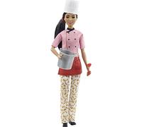 Barbie Métiers poupée Cheffe Brune avec Veste Rose, Pantalon à imprimé pâtes, Toque et 2 Accessoires, Jouet pour Enfant, GTW38