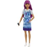 Barbie Métiers poupée Coiffeuse aux Cheveux Violets, Tablier tie & Dye, t-Shirt rayé, sèche-Cheveux et Peigne, Jouet pour Enfant, GTW36